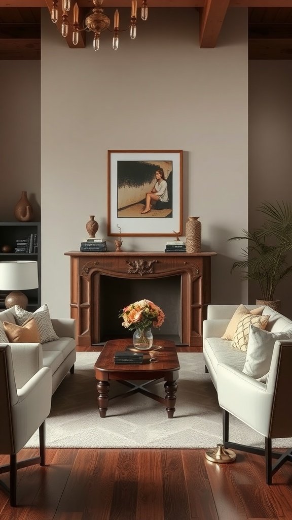 A cozy living room featuring brown and cream furniture with decorative accents.