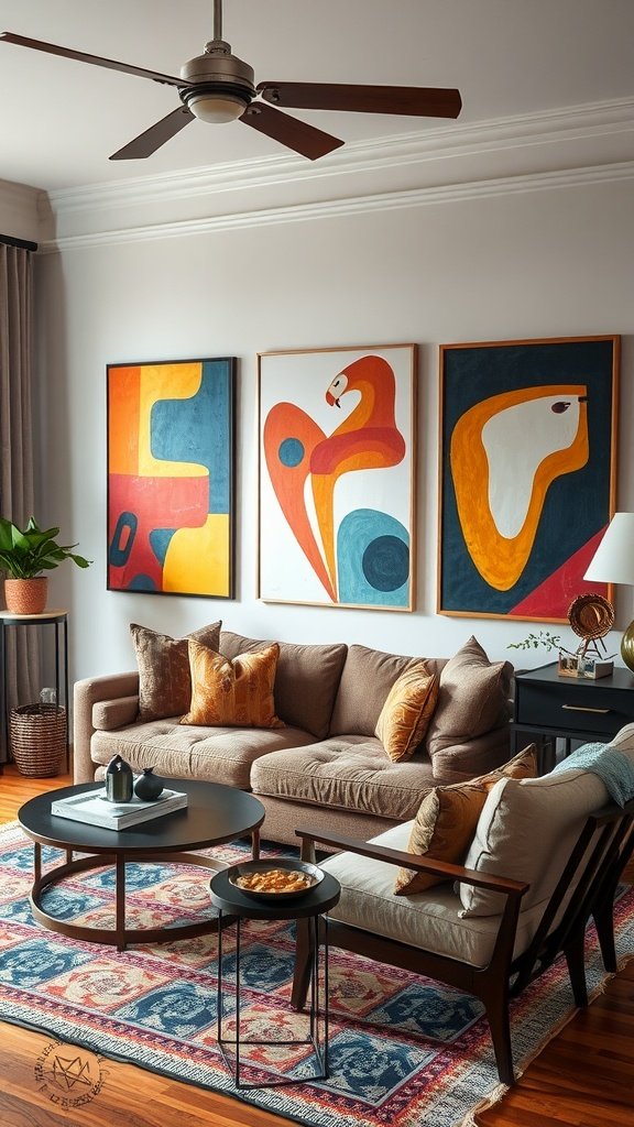 A cozy living room featuring bold statement art on the walls with a modern aesthetic.
