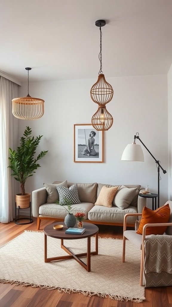 Stylish living room featuring rattan lighting fixtures and modern furniture.