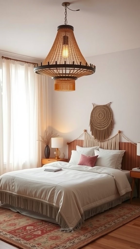 A cozy bedroom featuring a stylish woven chandelier, soft bedding, and warm wooden furniture.