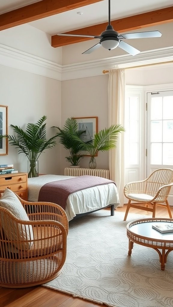 A cozy bedroom featuring rattan furniture, green plants, and a warm color palette.