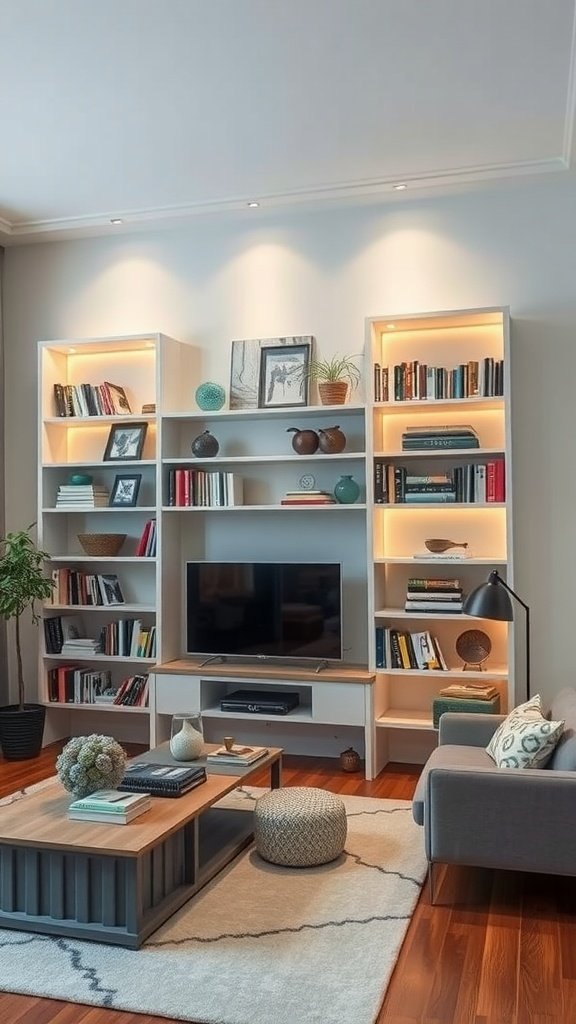 Stylish mid-century modern living room with bookshelves and a cozy seating area