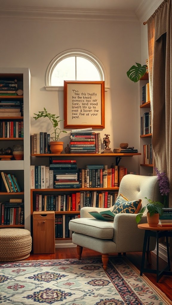 A cozy reading nook with a comfortable chair next to a stylish bookshelf filled with books.