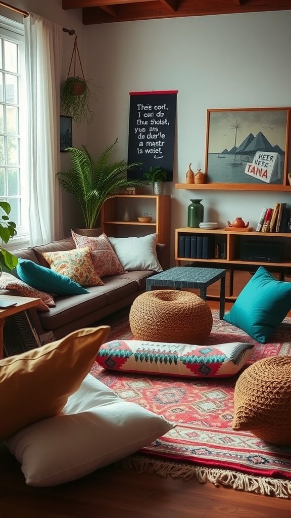 A cozy living room featuring various stylish floor cushions and a vibrant rug.