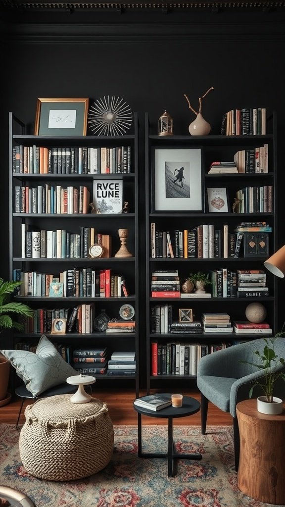 A stylish dark boho living room featuring functional shelving filled with books and decorative items.