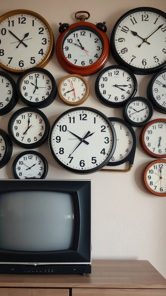 A creative wall decor featuring various wall clocks of different sizes and styles arranged around a vintage TV.