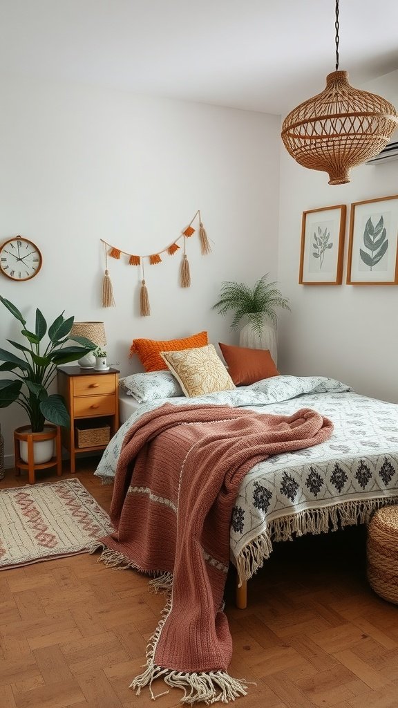 A cozy boho bedroom featuring soft textures and subtle patterns.
