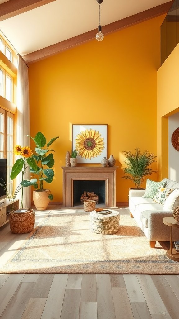 A modern living room with sunflower yellow walls, a cozy sofa, and lush greenery.