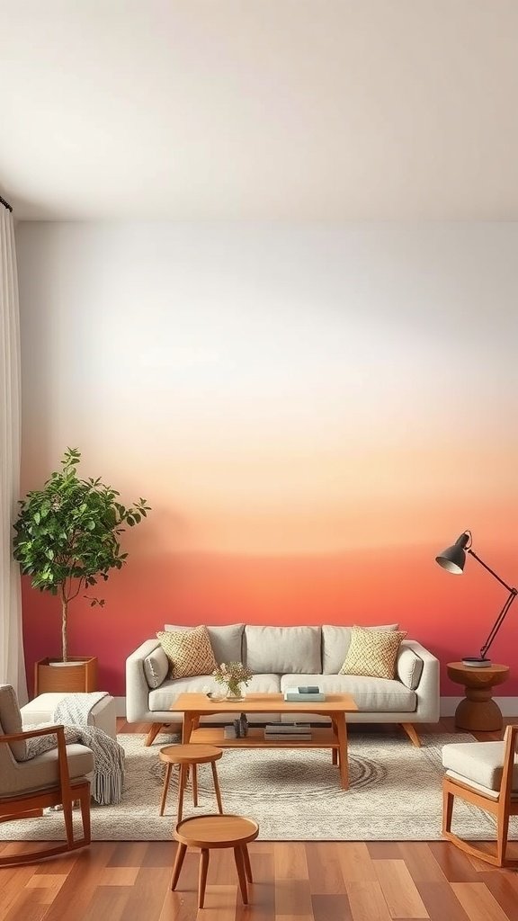 Living room with a sunset ombre accent wall, featuring cozy furniture and plants.