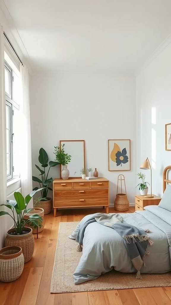 A boho mid-century modern bedroom featuring wooden furniture, indoor plants, and a soft color palette.