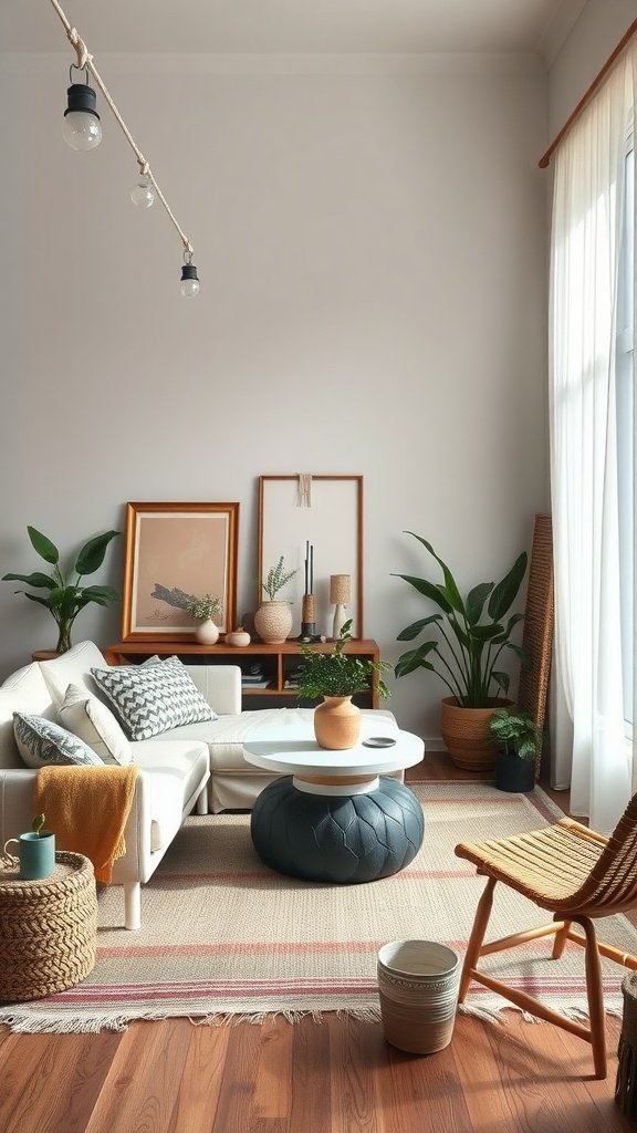 A cozy boho living room with natural materials and plants.