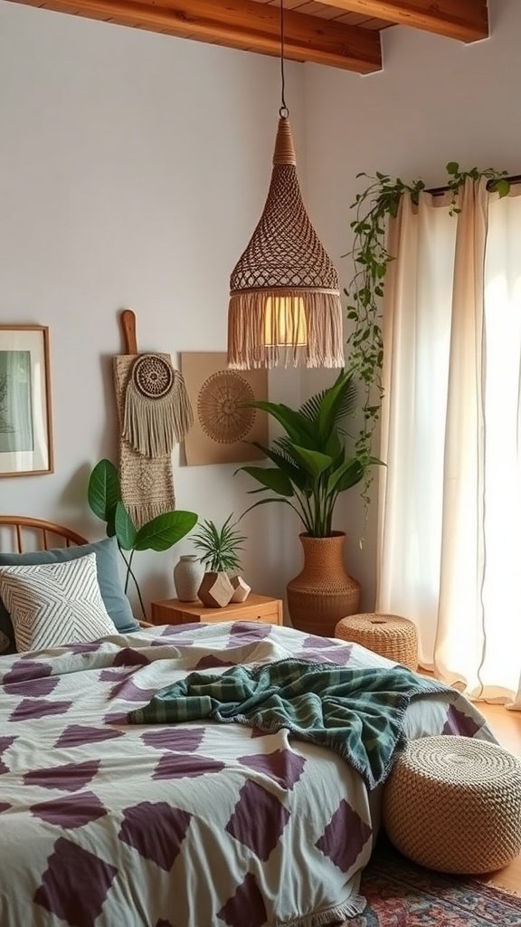 A cozy boho bedroom with sustainable decor, featuring natural materials, plants, and warm lighting.