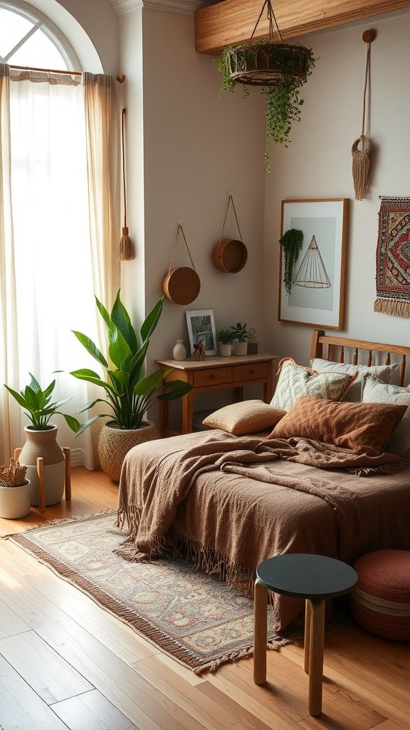 Cozy Japanese boho bedroom with natural decor elements and plants.