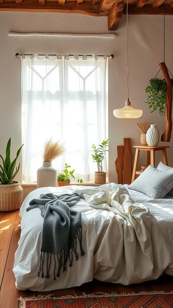 A cozy boho bedroom featuring natural elements and sustainable decor.