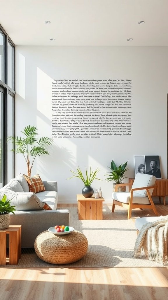 A bright, airy living room featuring sustainable furniture with plants and natural materials.