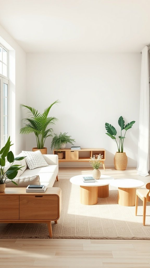A cozy, minimalistic living room featuring wooden furniture, indoor plants, and natural fibers.