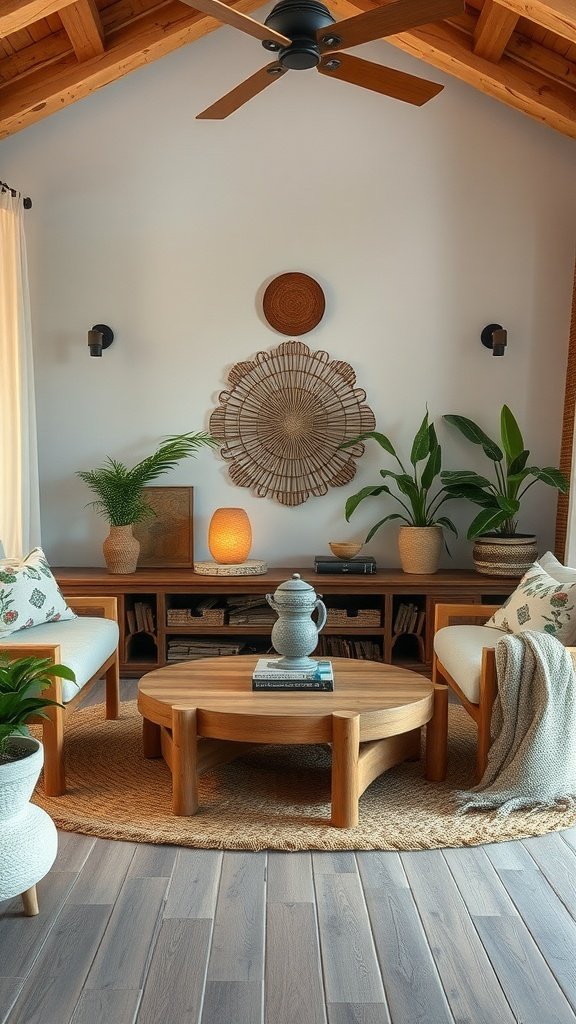 Cozy boho living room with sustainable decor elements.