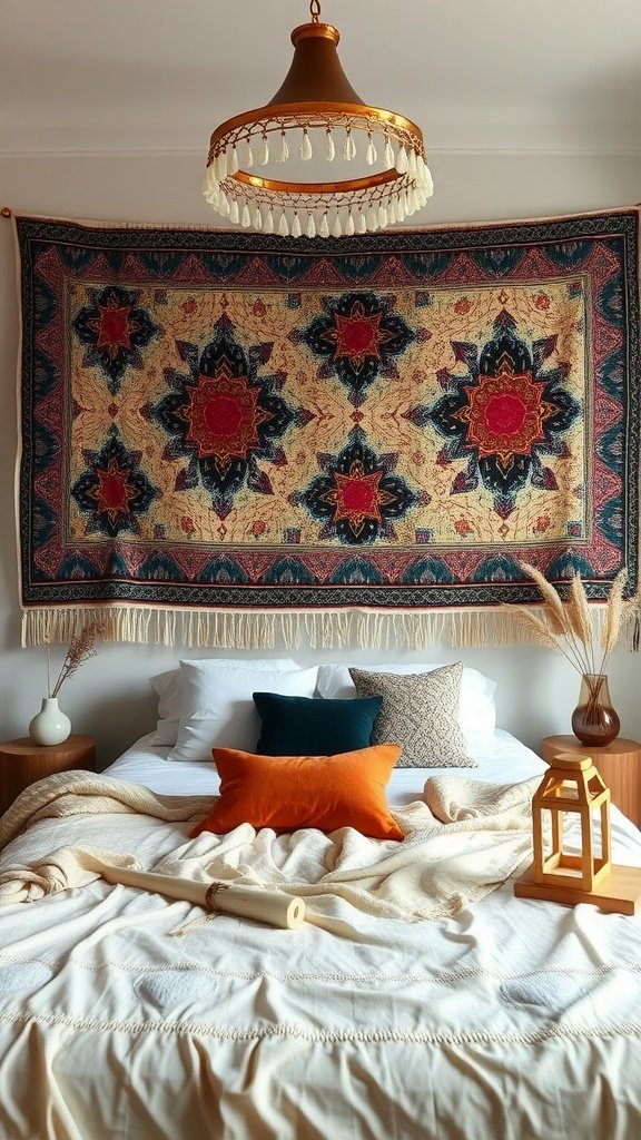 A colorful tapestry hangs above a bed adorned with various pillows and blankets, creating a cozy boho bedroom atmosphere.