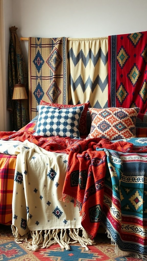 Cozy boho bedroom with layered textiles including blankets and pillows, showcasing rich colors and patterns.