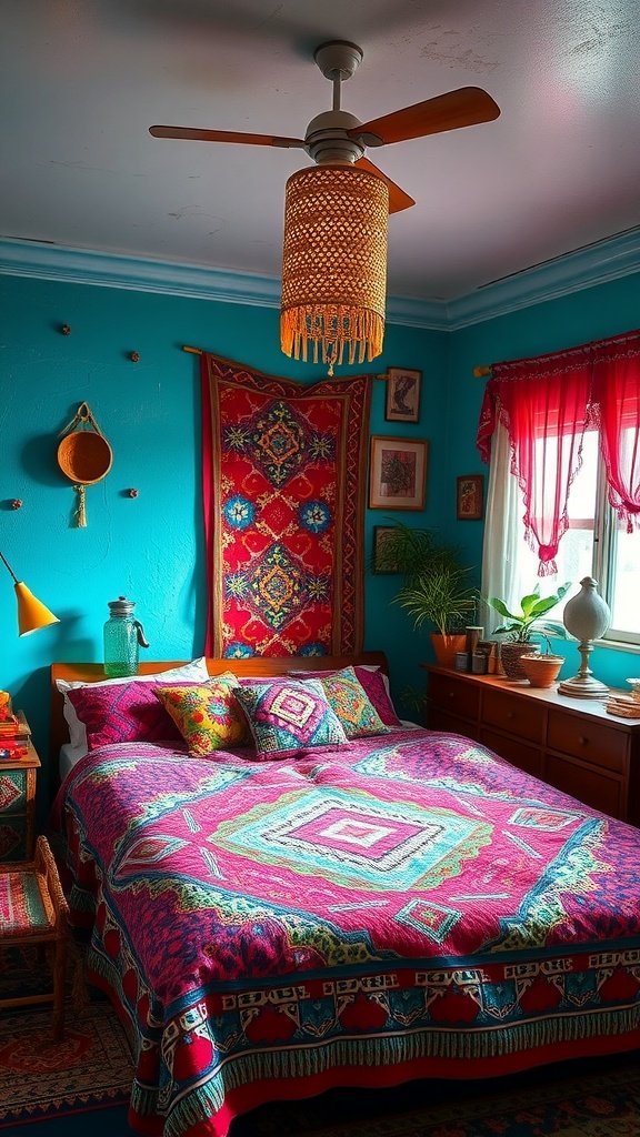 A colorful bohemian-style bedroom featuring a vibrant quilt, patterned throw pillows, and decorative wall hangings.