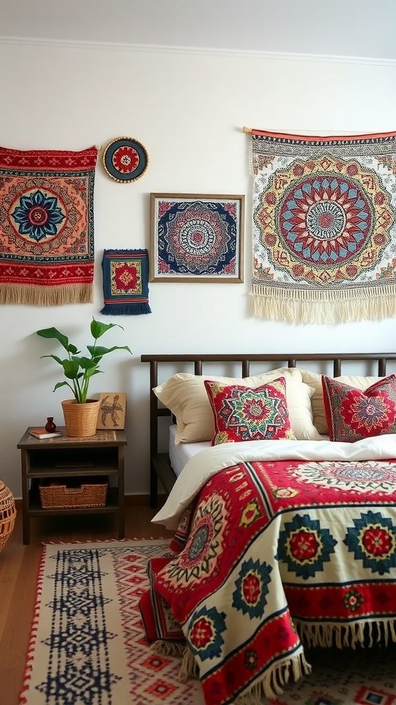 A cozy bedroom featuring various textile wall art pieces with vibrant colors and patterns.