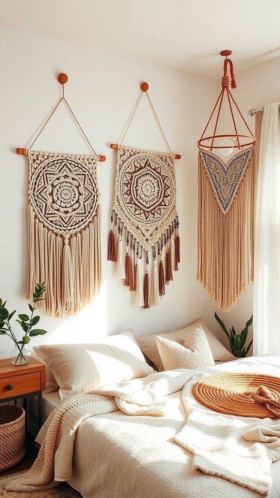 A cozy bedroom with textured macrame wall hangings displayed on a white wall.