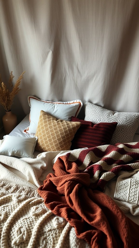 A cozy bed with various textured pillows and throws, creating a warm atmosphere.
