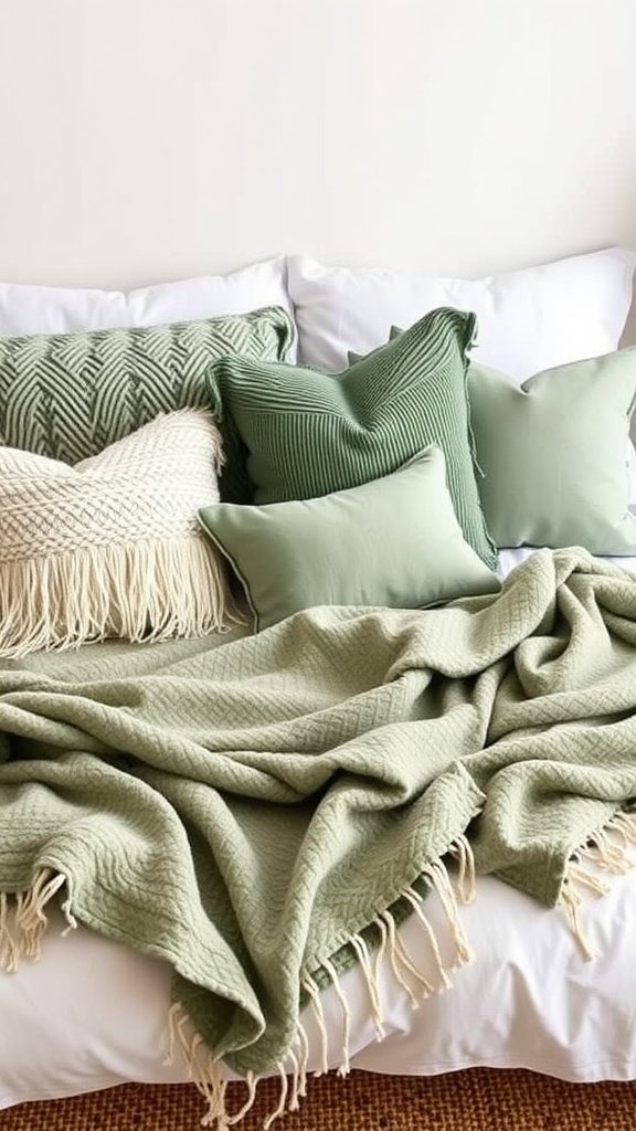 A cozy arrangement of sage green throw pillows and a matching blanket on a bed.