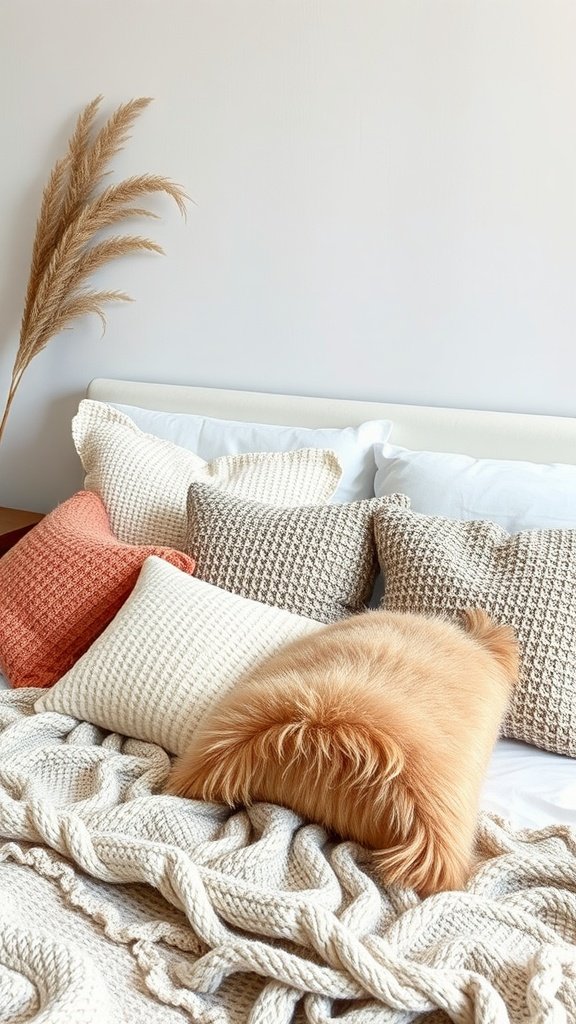 A cozy bed adorned with various textured throw pillows and a soft blanket.
