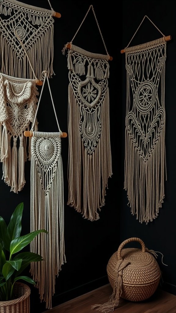 Collection of macramé wall hangings in a dark boho living room