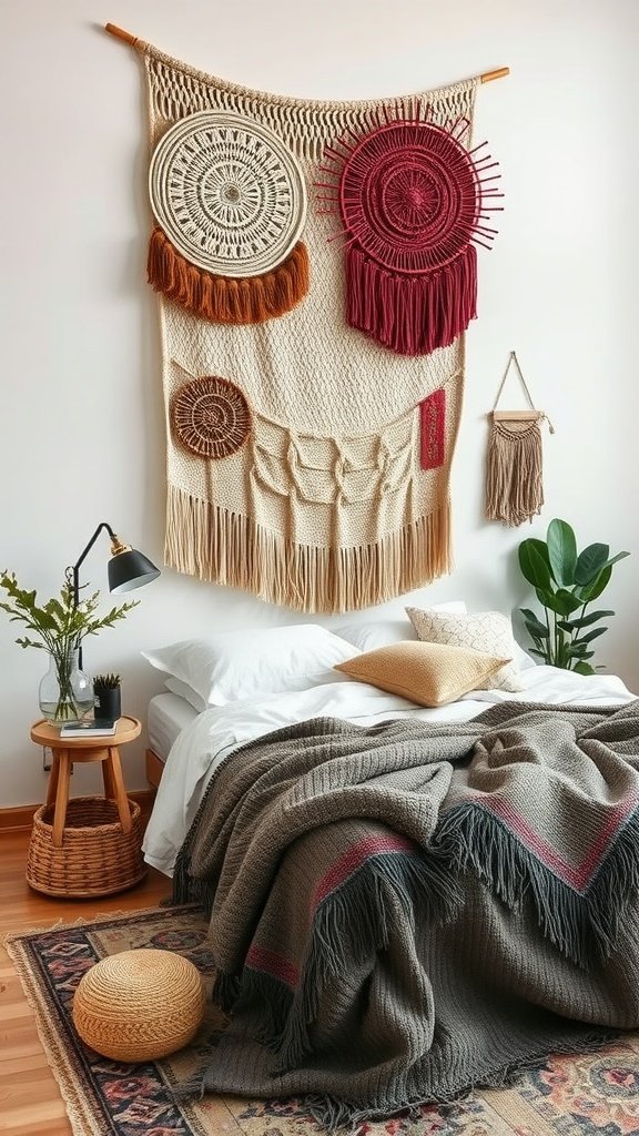 A boho bedroom featuring textured wall hangings and cozy decor.
