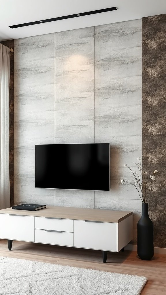 Living room with textured wall panels and modern TV setup