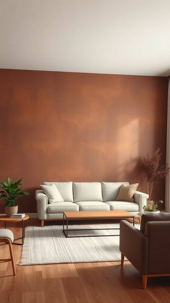 Living room with textured brown walls and light-colored furniture.