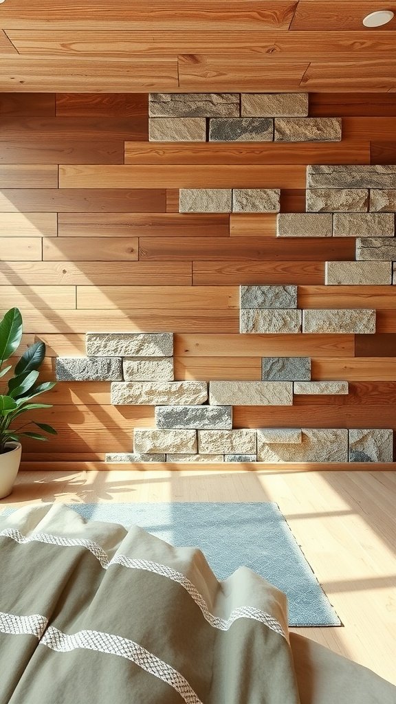 A cozy interior featuring a textured wall made of wood and stone, with a plant and soft bedding.