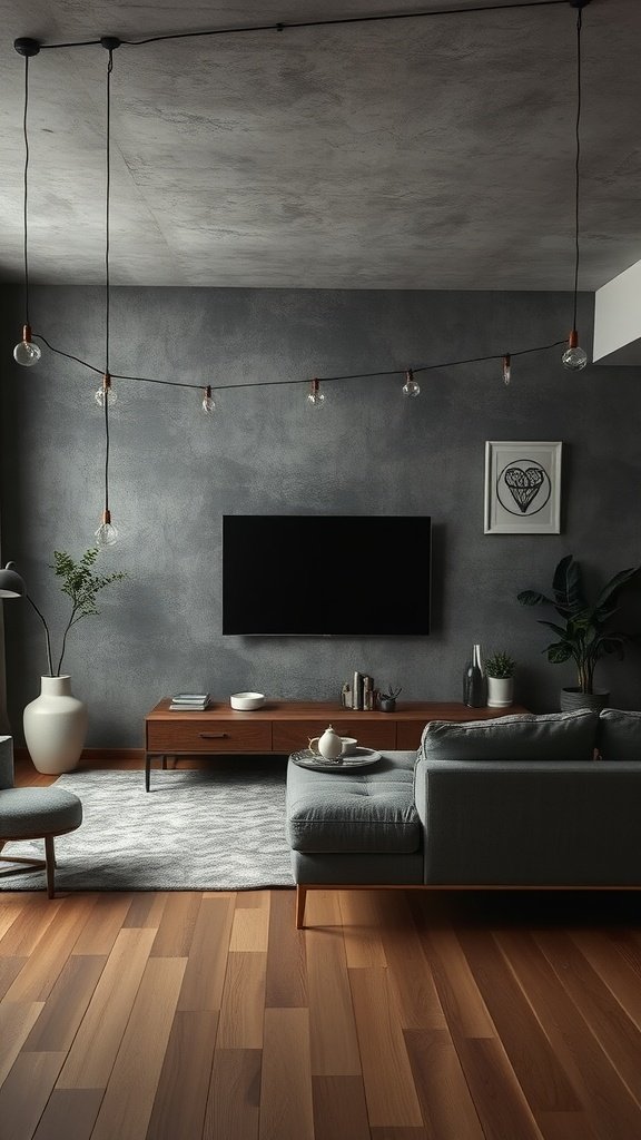 A moody boho living room with textured walls, warm wooden floors, and stylish furniture.