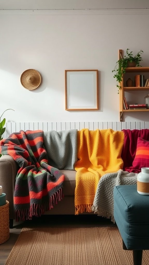 A cozy sofa adorned with colorful throw blankets in a boho living room setting.