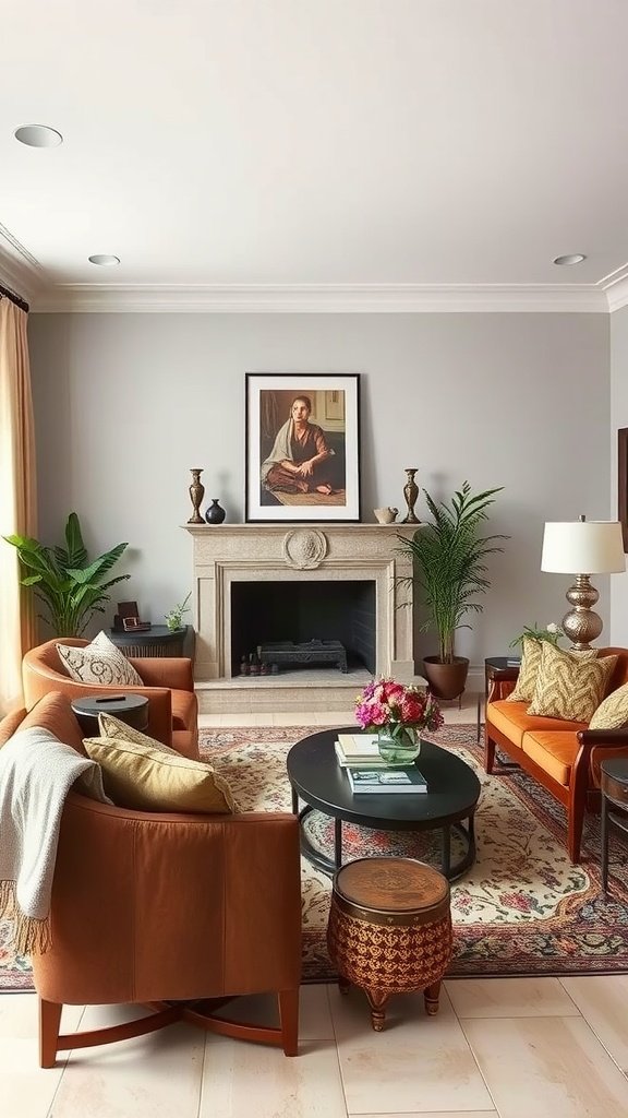 Cozy living room featuring traditional brown furniture and modern decor elements.