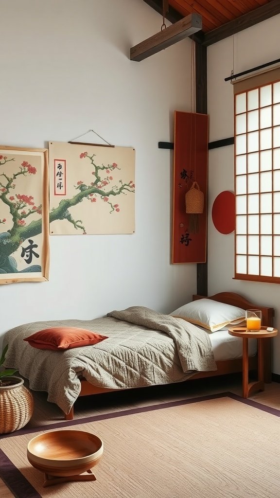 Japanese art elements in a boho bedroom featuring cherry blossom wall hangings and natural materials.