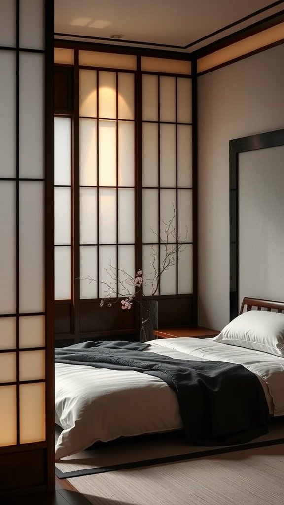 A serene bedroom featuring traditional Japanese Shoji screens.