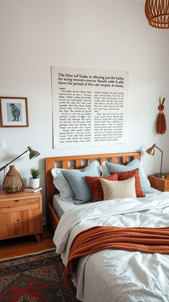 A cozy bedroom featuring a wooden bed with colorful pillows, a unique wooden bedside table, and a decorative plant.