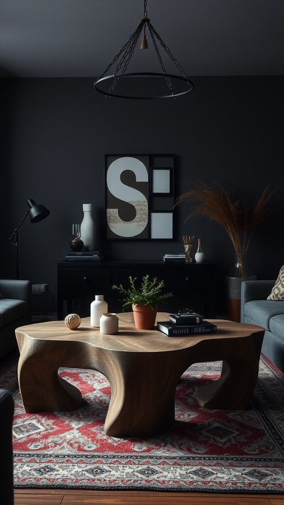 A unique wooden coffee table with organic curves, set in a dark boho living room with modern decor.