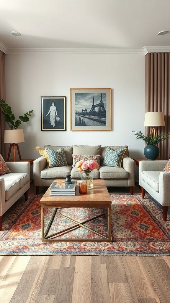 A stylish living room featuring a unique coffee table with wooden top and metal base.