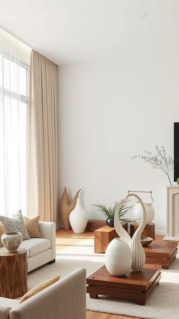 A stylish mid-century modern living room with unique decorative accents, featuring sculptural vases and natural elements.