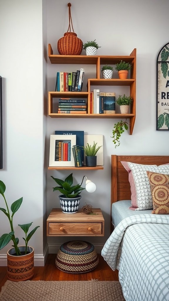 Stylish wooden shelving with books and various potted plants.