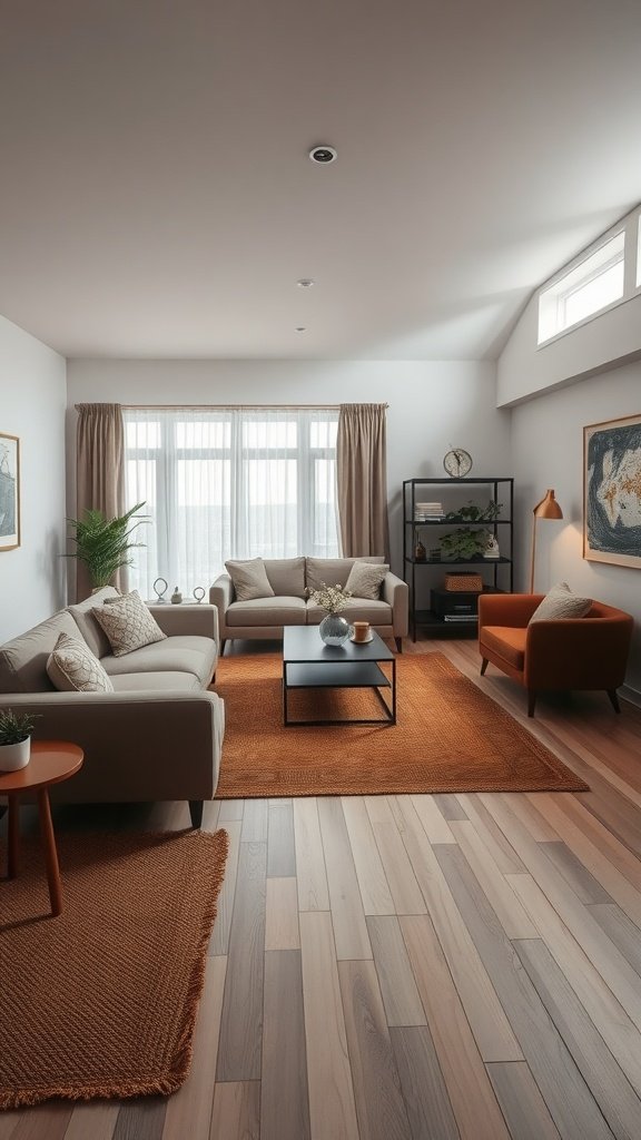A cozy living room with brown rugs, light sofas, and stylish decor.