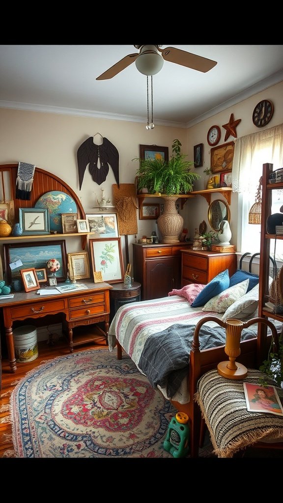 A cozy boho bedroom featuring vintage furniture, framed artwork, and a colorful rug.