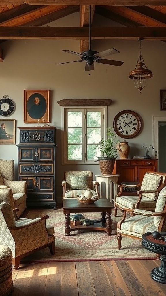 A cozy living room featuring vintage furniture and antique decor.