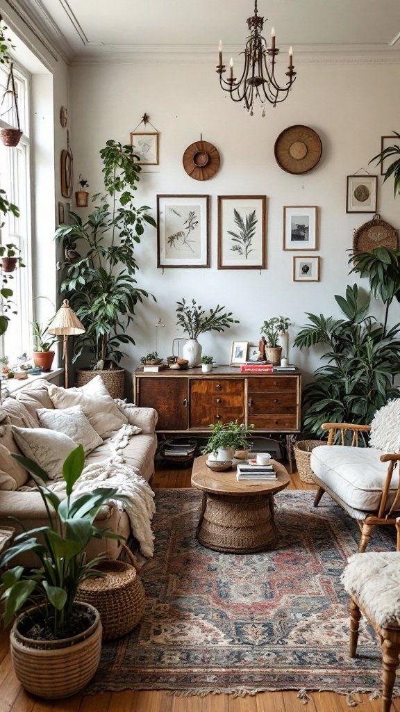 A cozy living room with vintage decor, plants, and a warm atmosphere.