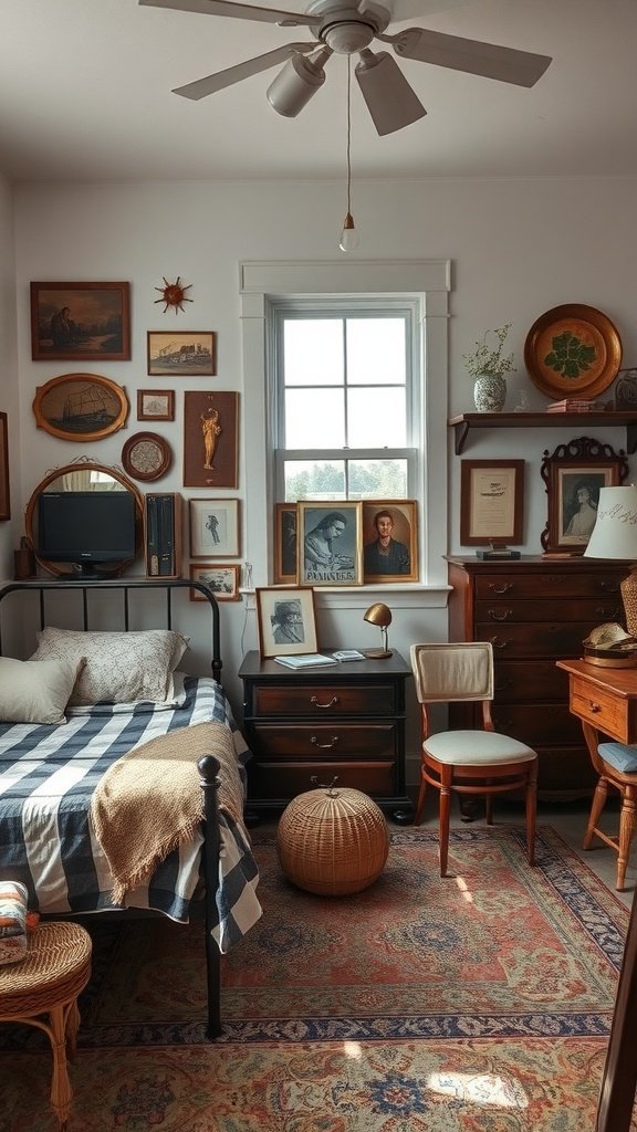 A cozy mid-century modern bedroom featuring a bed with a plaid blanket, a gallery wall of vintage art, and a stylish seating arrangement.