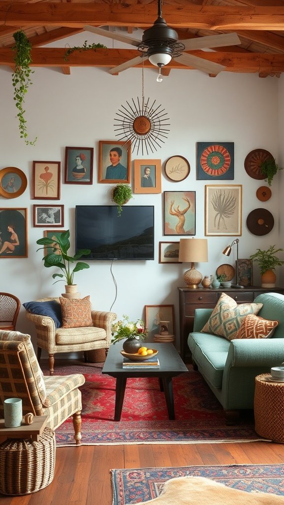 A cozy boho living room featuring vintage decor, an eclectic gallery wall, comfortable seating, and indoor plants.